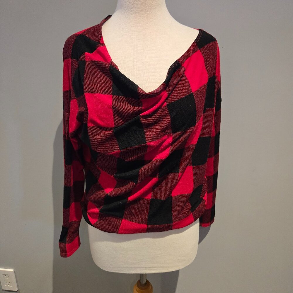 White Birch Buffalo Plaid Drape Neck Top | Size Small | Red/Black